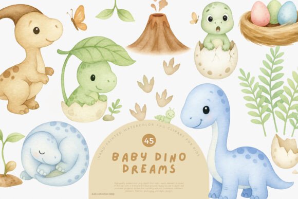 Download Adorable Baby Dino Watercolor Clipart Se - Dino Collection